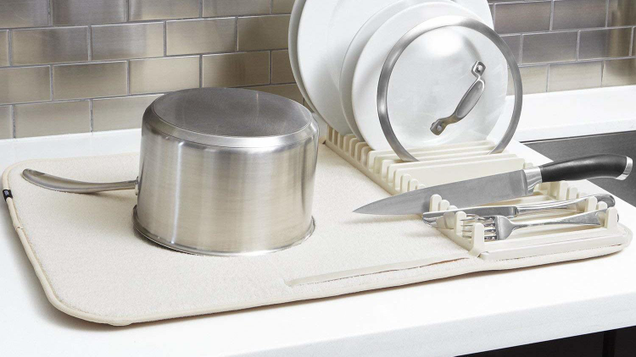 Umbra’s UDry combines a microfiber dish mat with a dish rack that can be easily stored away when not in use.